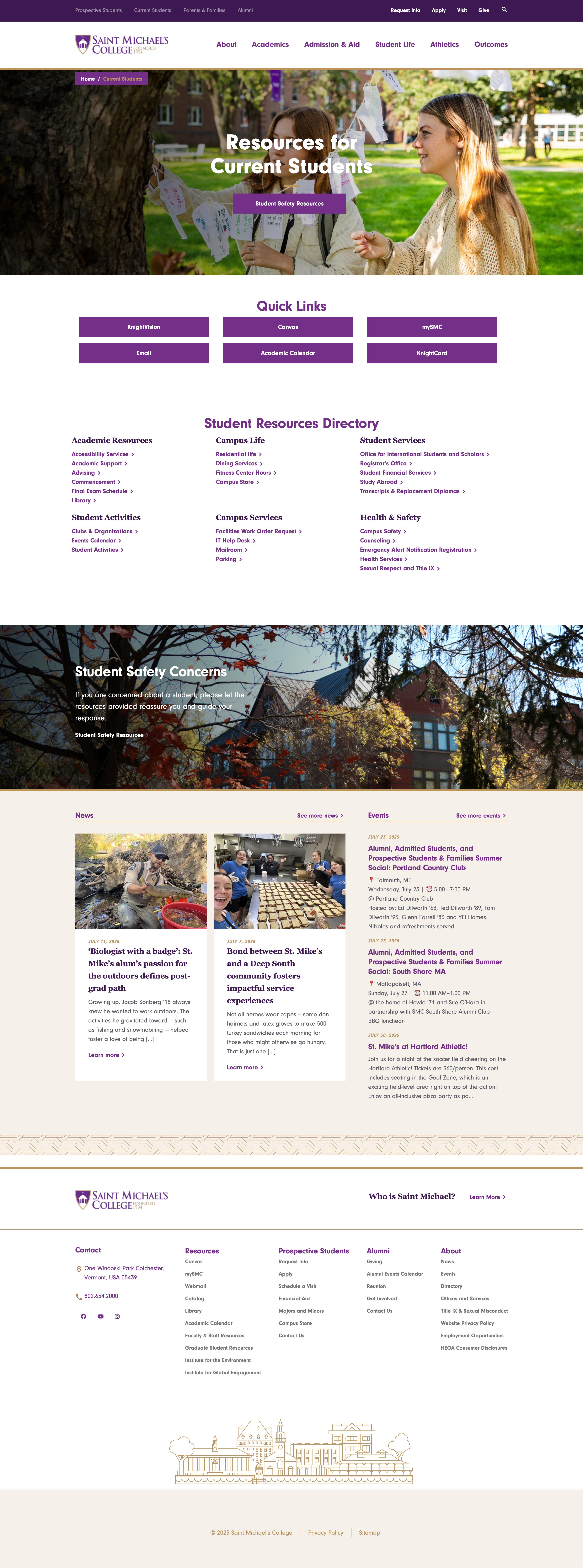 Saint michaels college current students page after redesign