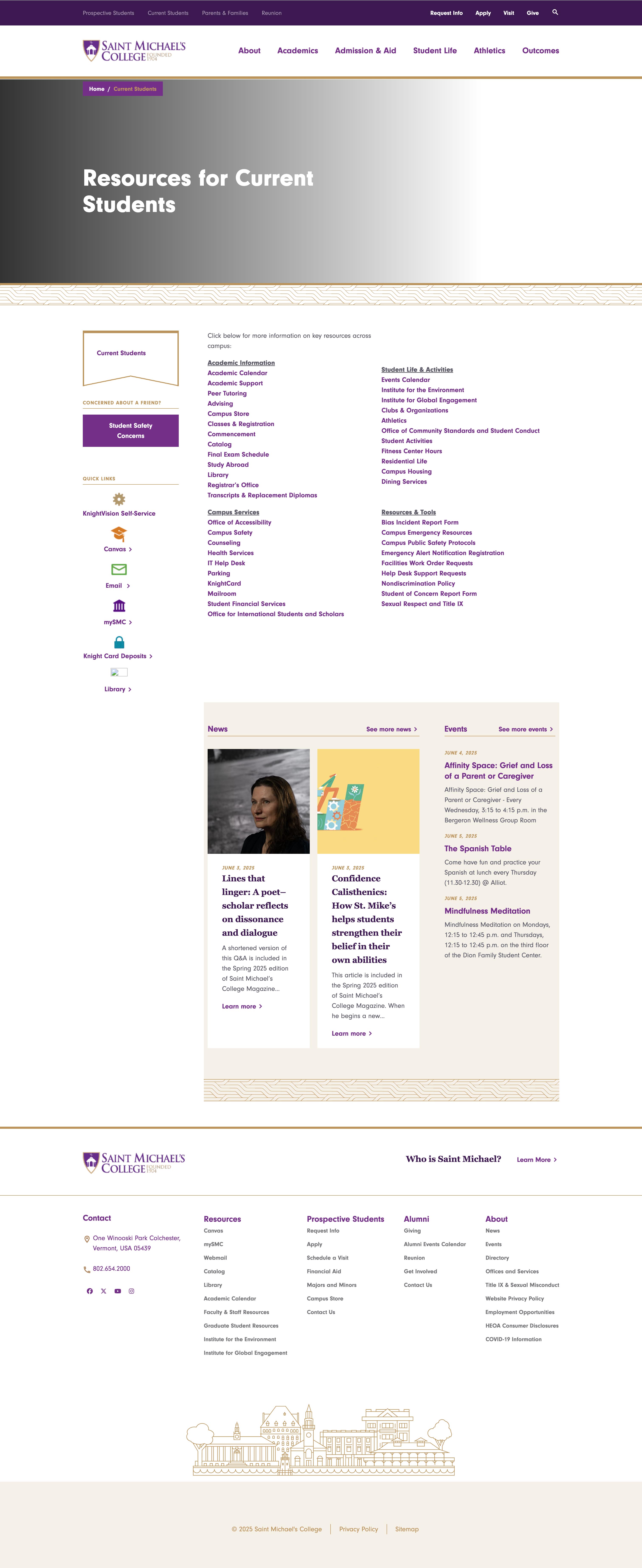 Saint michaels college current students page after redesign